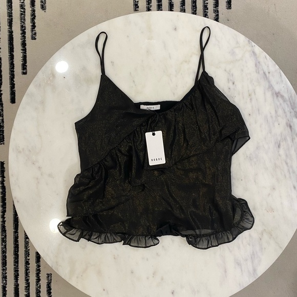 Ro & De Tops - Ro & De Black and Gold Shimmer Asymmetrical Ruffle Tank Top sz M NEW